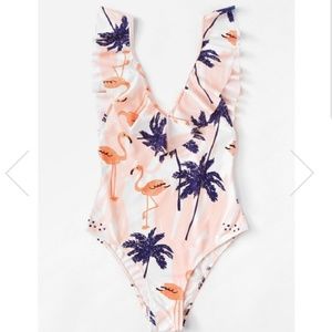 One Piece Tropical Flamingo Print Bathing Suit
